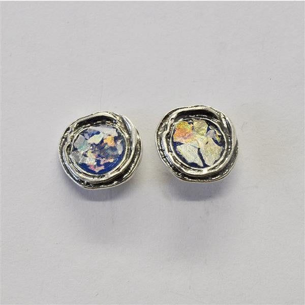 Organic Framed Round Patina Roman Glass Post Earrings