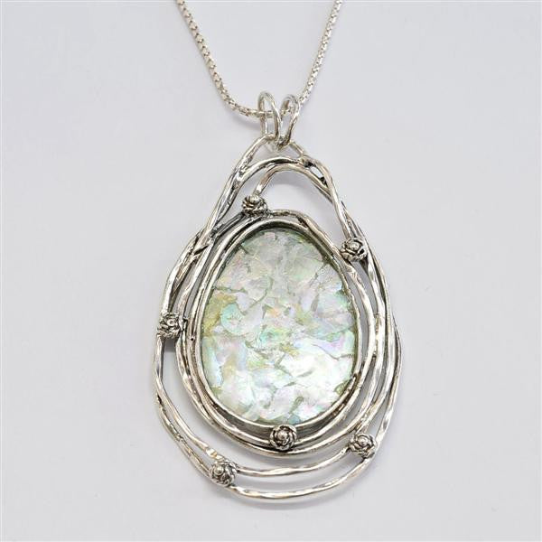 Ringed with Roses Teardrop Patina Roman Glass Necklace