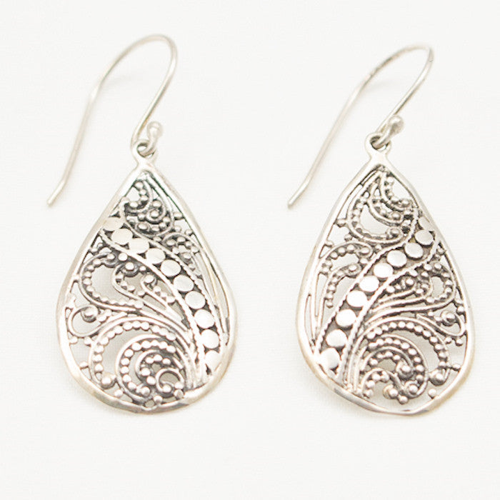 Sterling Silver Teardrop with Flat Granulation and Scrolly Design Dangle Earrings