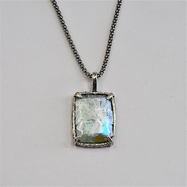 Pronged Setting Rectangle Patina Roman Glass Necklace