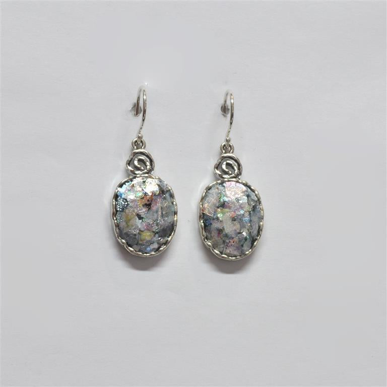 Wavy Border Oval Dangle Roman Glass Earrings