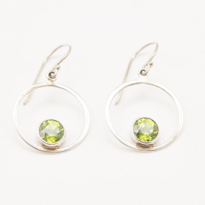 Sterling Silver Round Dangle with Faceted Round Peridot Earrings