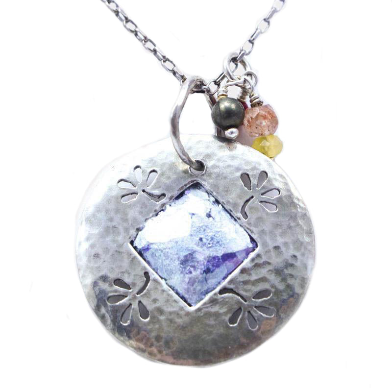 Natures Balance Hammered Sterling Silver Patina Roman Glass Necklace