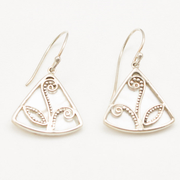 Sterling Silver Mother Of Pearl Triangle with Silver Floral Design Earrings
