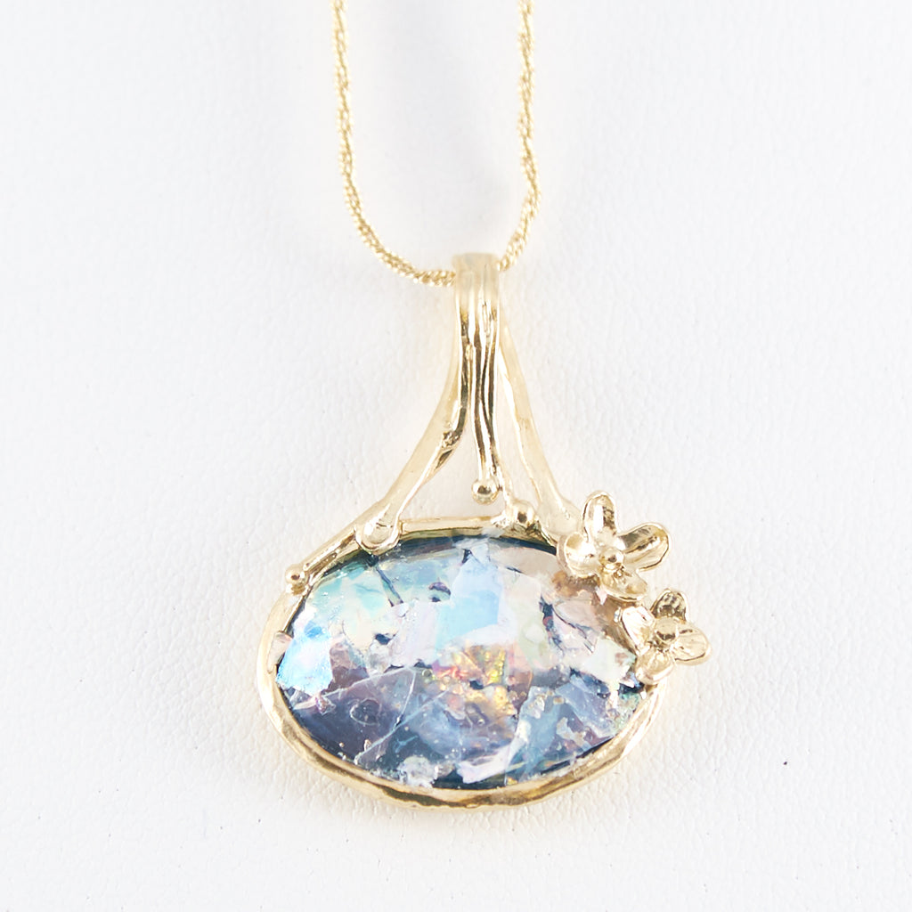 Dainty Delicate Oval Patina Roman Glass Gold Tone Necklace