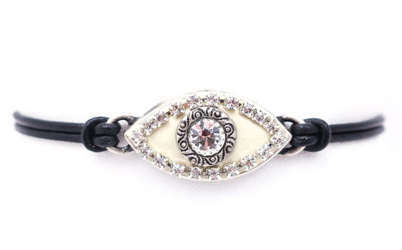 Silver and White Crystal Large Eye Leather Bracelet by Michal Golan