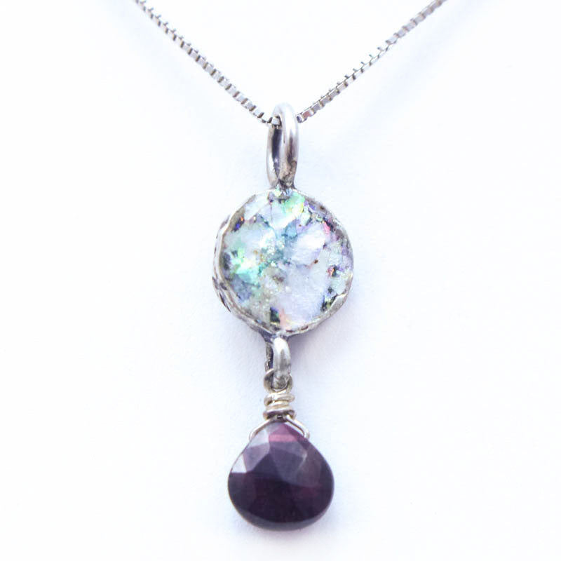 Mini Circle Garnet Drop Roman Glass Necklace