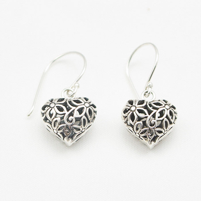 Sterling Silver Small Floral Heart Dangle Earrings