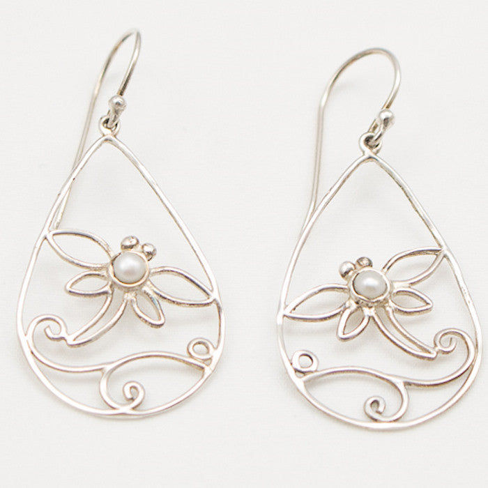 Sterling Silver Openwork Teardrop Earrings with Pearl