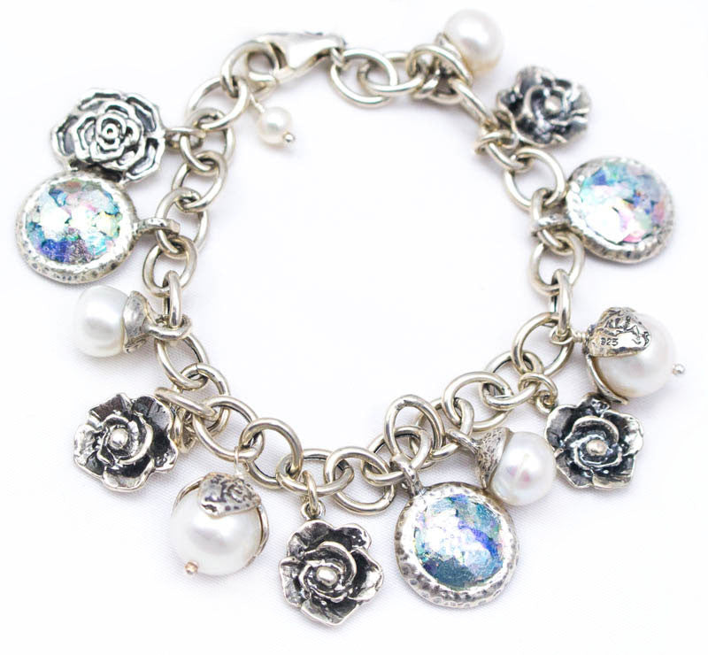 Floral Inspired Flat Framed Multi Bead Patina Roman Glass Bracelet