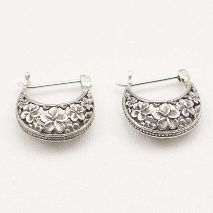 Sterling Silver Small Silver Hoop with Flower Design Earrings