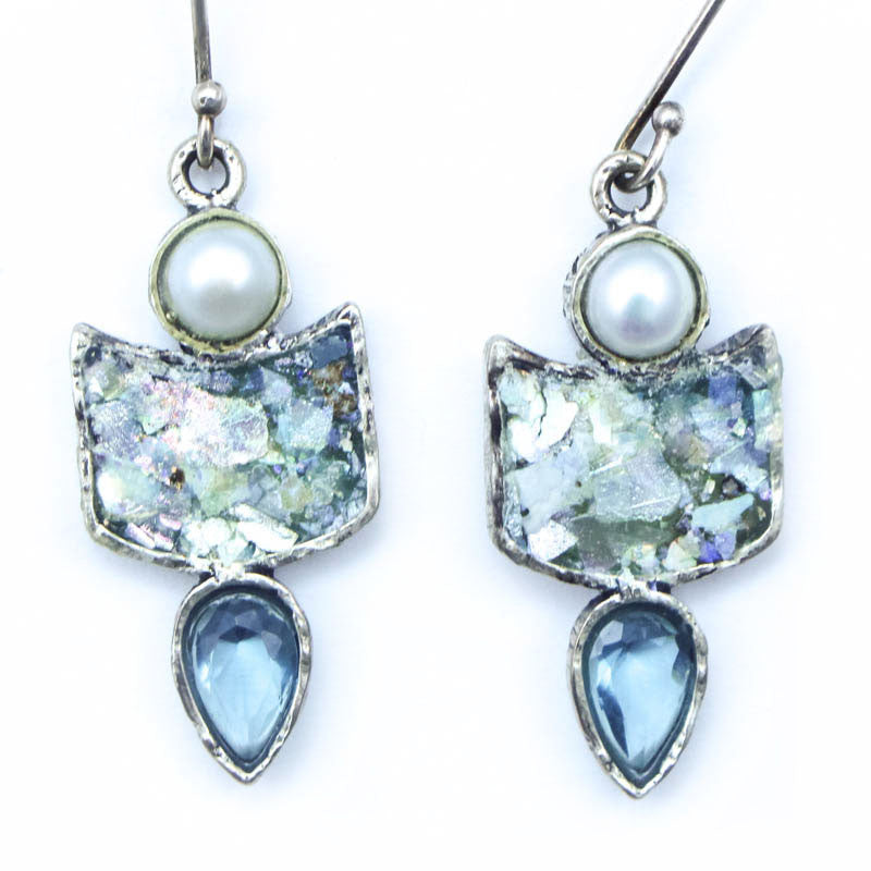 Pearl Topaz Teardrop Roman Glass Earrings