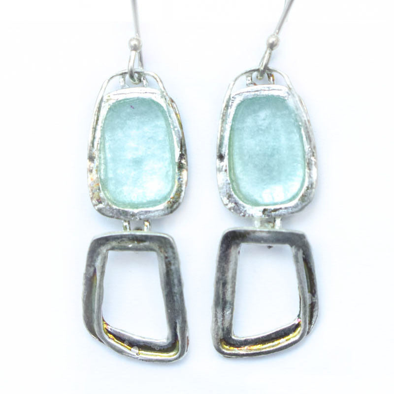 Open Abstract Rectangle Dangle Patina Roman Glass Earrings