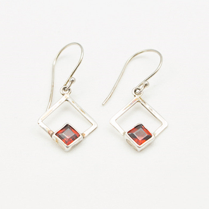 Sterling Silver Square Dangle with Faceted Square Garnet Earrings
