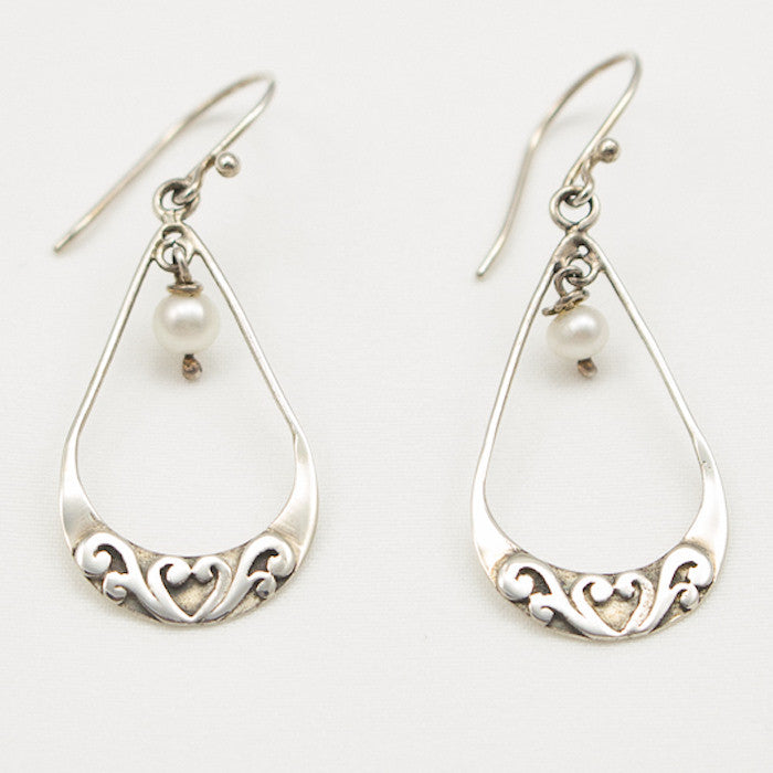 Sterling Silver Open Teardrop Dangle with Pearl Drop Earrings