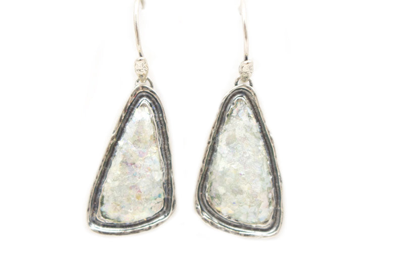 Channel Framed Long Triangle Patina Roman Glass Earrings