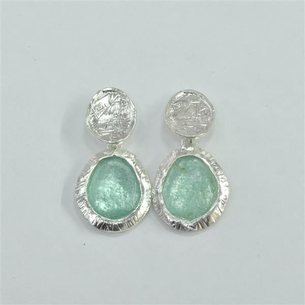 Etched Silver Round Washed Roman Glass Post Earrings
