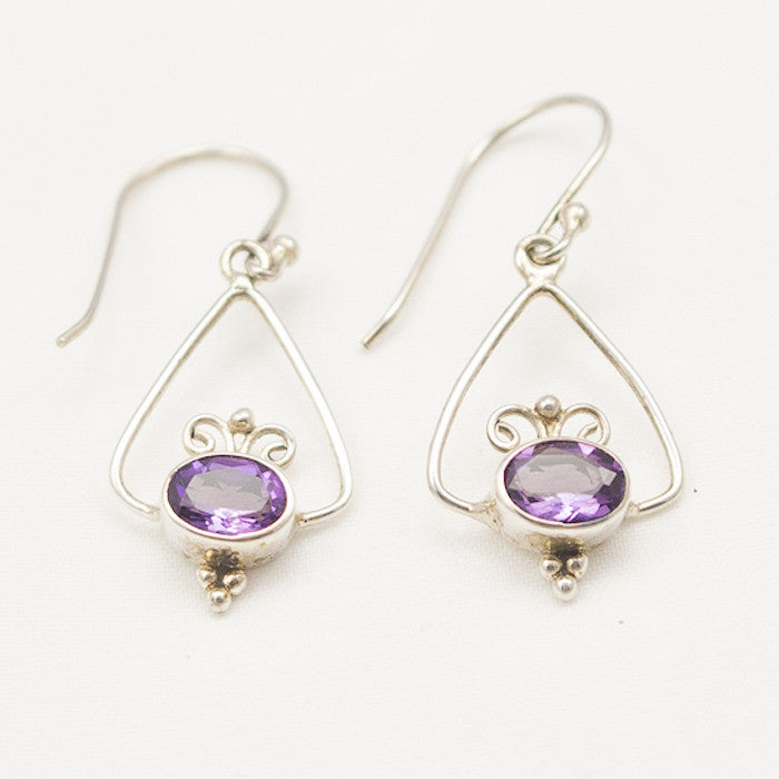 Sterling Silver Dangle with Oval Faceted Amethyst Earrings