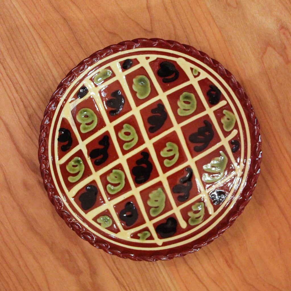 Redware 7'' Plate with Grid and Black and Green Swirls