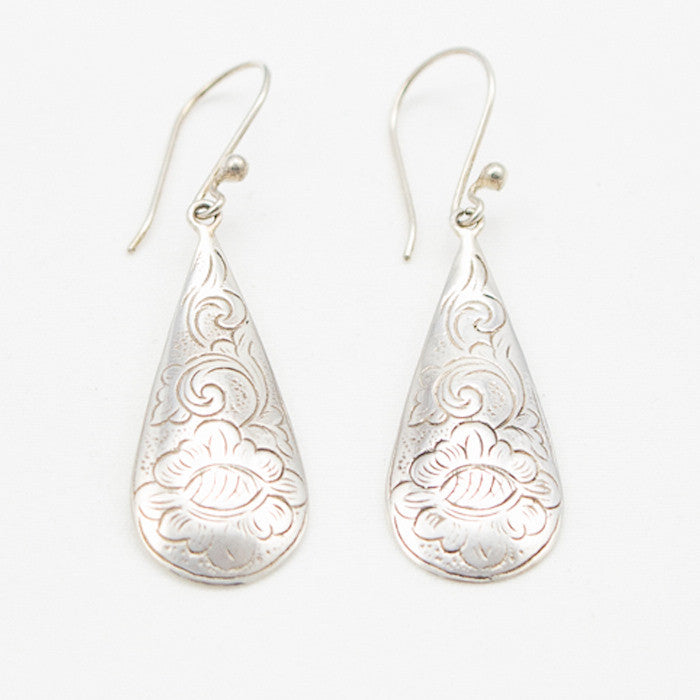 Sterling Silver Floral Etched Teardrop Dangle Earrings