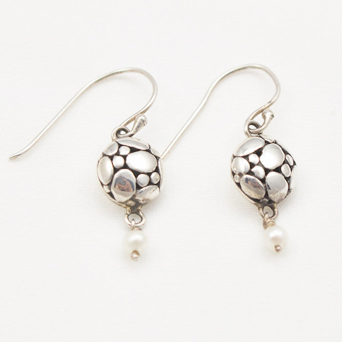 Sterling Silver Round Silver River Stone with Pearl Dangle Earrings