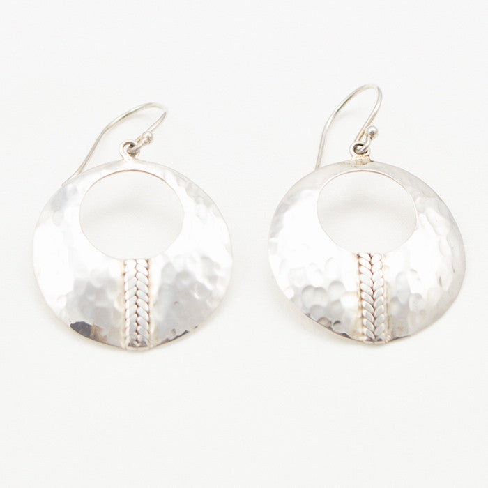 Sterling Silver Hammered Circle with Center Braid Earrings