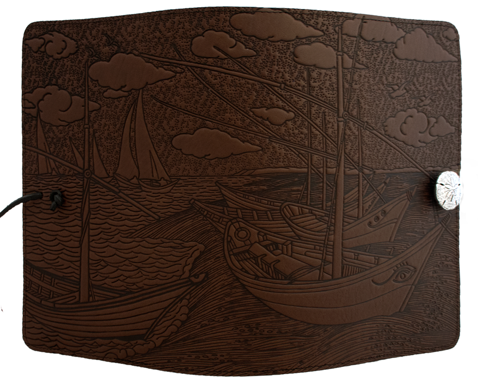 Large Leather Journal - Van Gogh Boats in Chocolate