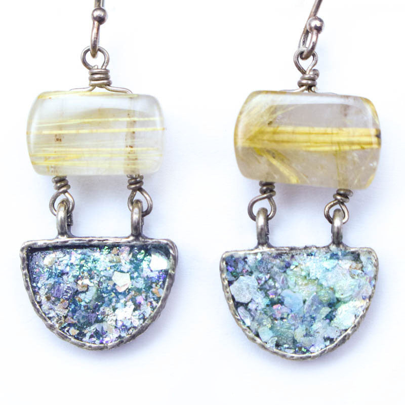 Gold Quartz and Roman Glass Earrings