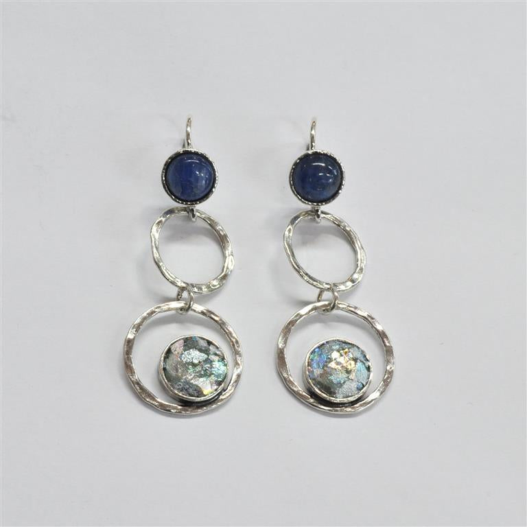 Shiny Silver Three Tier Open Cirlce Roman Glass Earrings