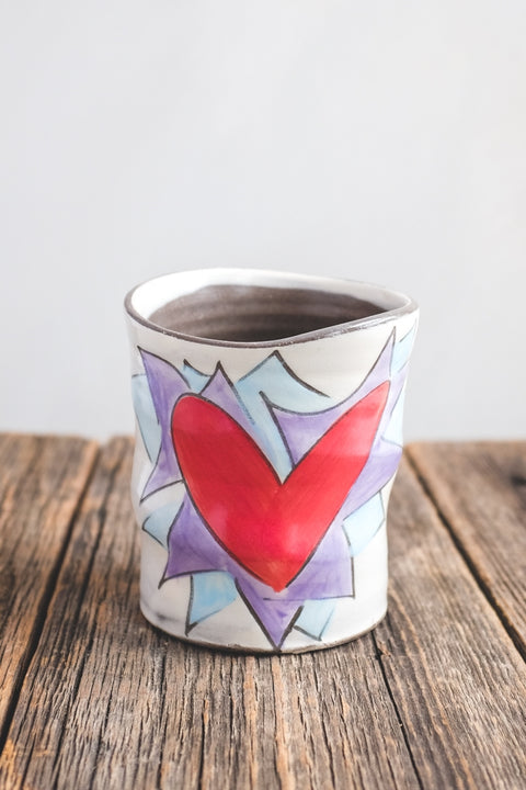 Flaming Heart in Violet Cup Hand Painted Ceramic