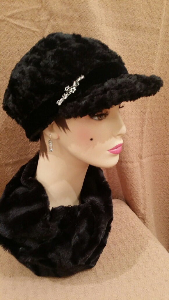 Cuddly Fur in Black Luxury Faux Fur Valerie Hat with Brooch Pin: Size Large