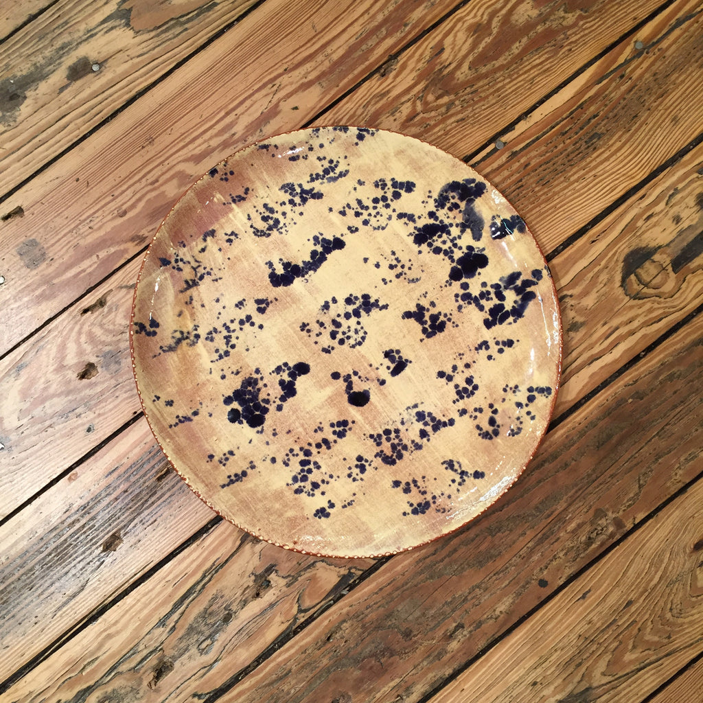 Blue Spatter Design on Dark Cream Redware Pottery Plate
