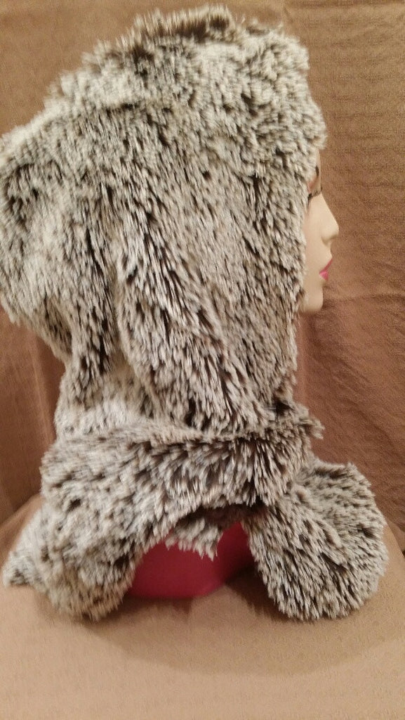 Silver Tipped Fox in Brown with Cuddly Chocolate Luxury Faux Fur Hoody Scarf