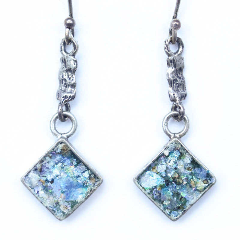 Small Square on Diagonal Dangle Roman Glass Earrings