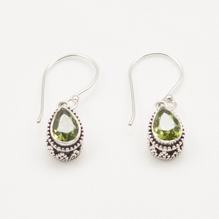 Sterling Silver Teardrop Faceted Peridot with Side Detail Dangle Earrings