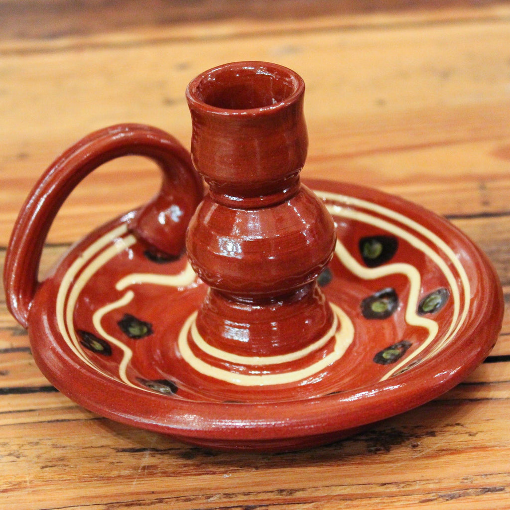 Redware Candlestick Holder with Green and Black Polka Dots