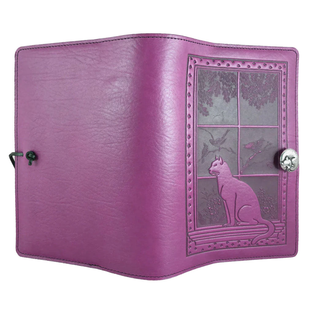 Large Leather Journal - Cat in Window in Orchid