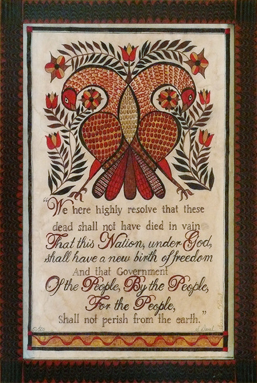 Gettysburg Address with Distlefink in Tiger Maple Frame by Susan Daul