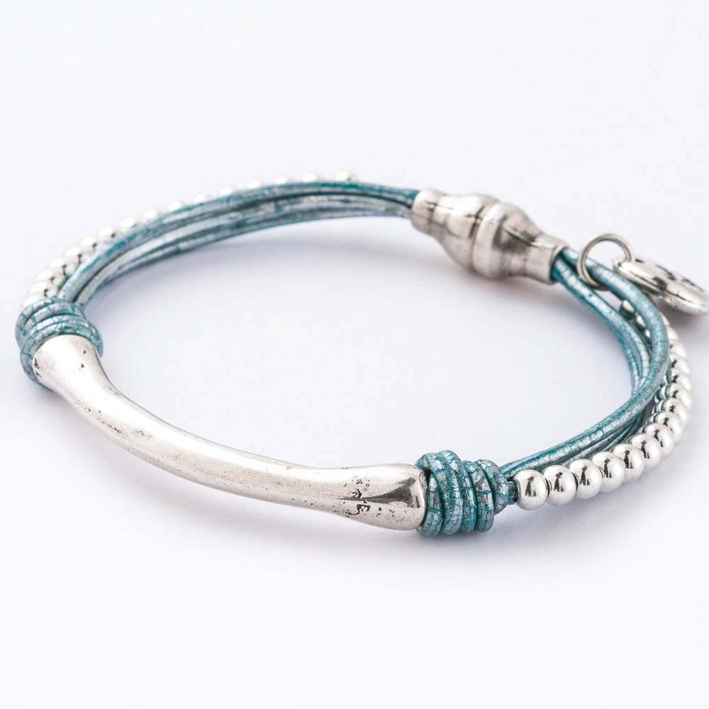 Teal Strand Leather Bracelet