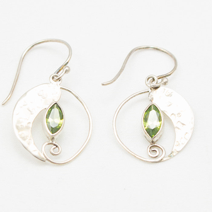 Sterling Silver Part Hammered Dangle with Peridot Marquise Cut Earrings