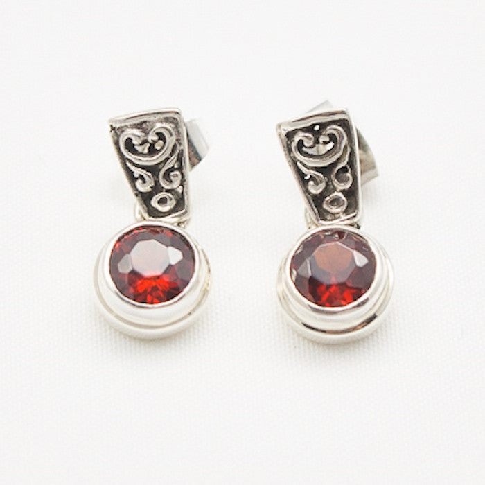 Sterling Silver with Faceted Garnet Drop Fancy Post Earrings