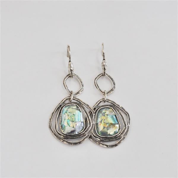 Ringed Rectangle Dangle Patina Roman Glass Earrings