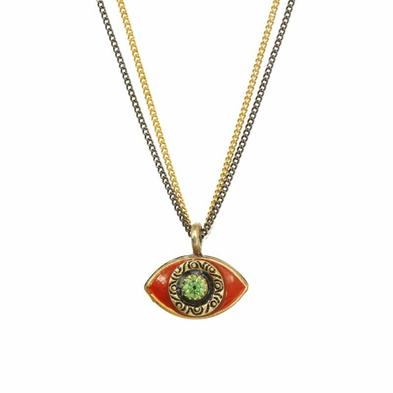 Coral Green Eye on Two Chains Necklace
