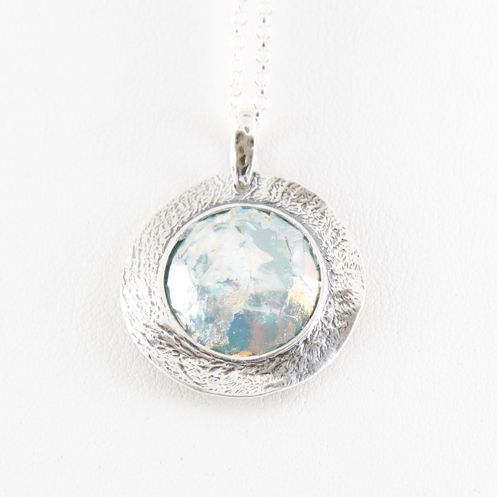 Wide Framed Round Patina Roman Glass Necklace