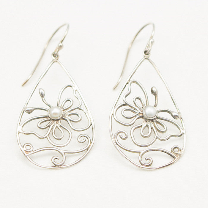 Sterling Silver Openwork Teardrop with Butterfly and Pearl Dangle Earrings