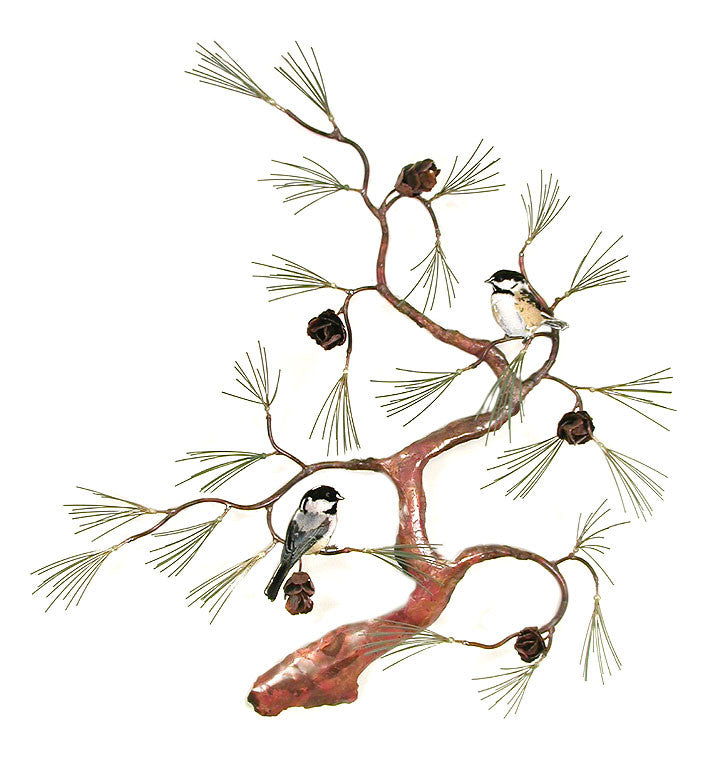 Chickadees on Copper Tree with 3D Pine Cones Wall Art by Bovano Cheshire