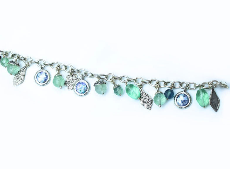 Botanical Flat Framed Multi Bead Patina Roman Glass Bracelet
