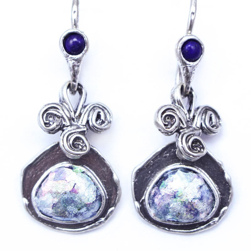 Short Spiral Dangle with Wide Framed Teardrop Patina Roman Glass Earrings