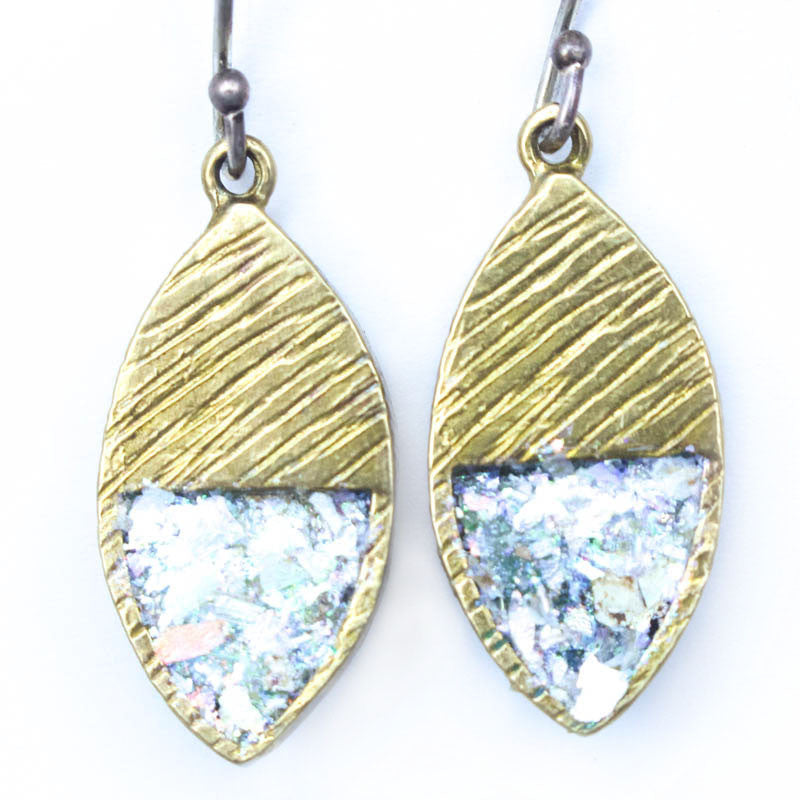 Brass with Teardrop Roman Glass Earrings