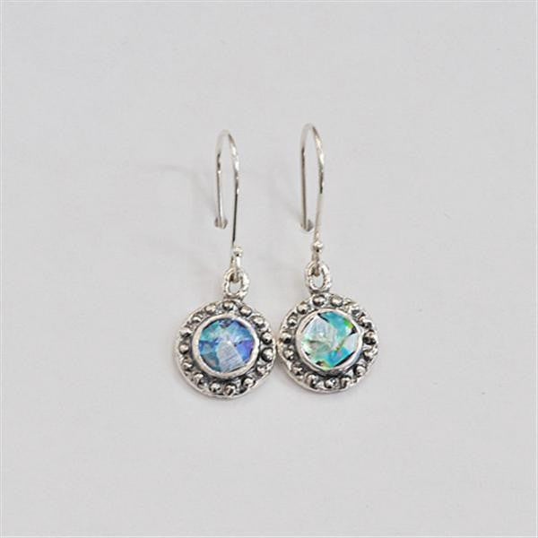 Petite Beaded Edge Round Patina Roman Glass Earrings